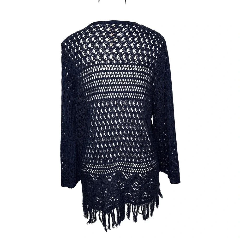 Faded Glory Blue Crochet Knit‎ Fringe Cardigan Size 1X 16W Boho Coastal Festival